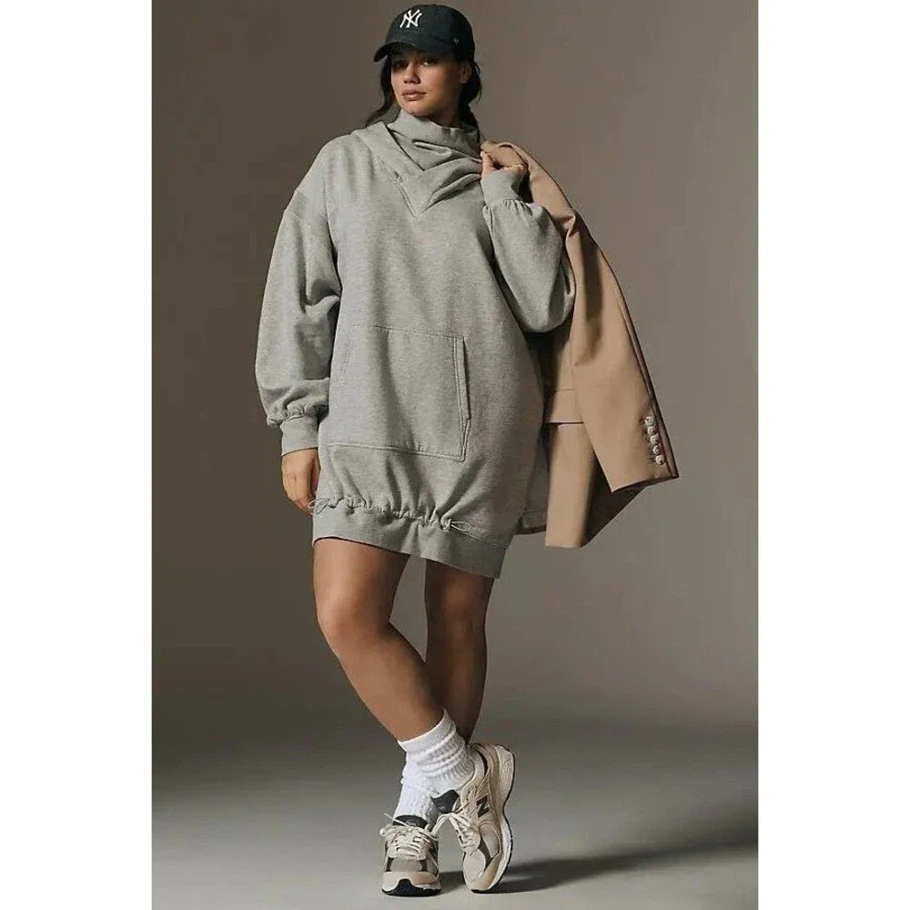 Daily Practice by Anthropologie Hooded Mini Dress Long Sleeve Gray 1X NWT 284878